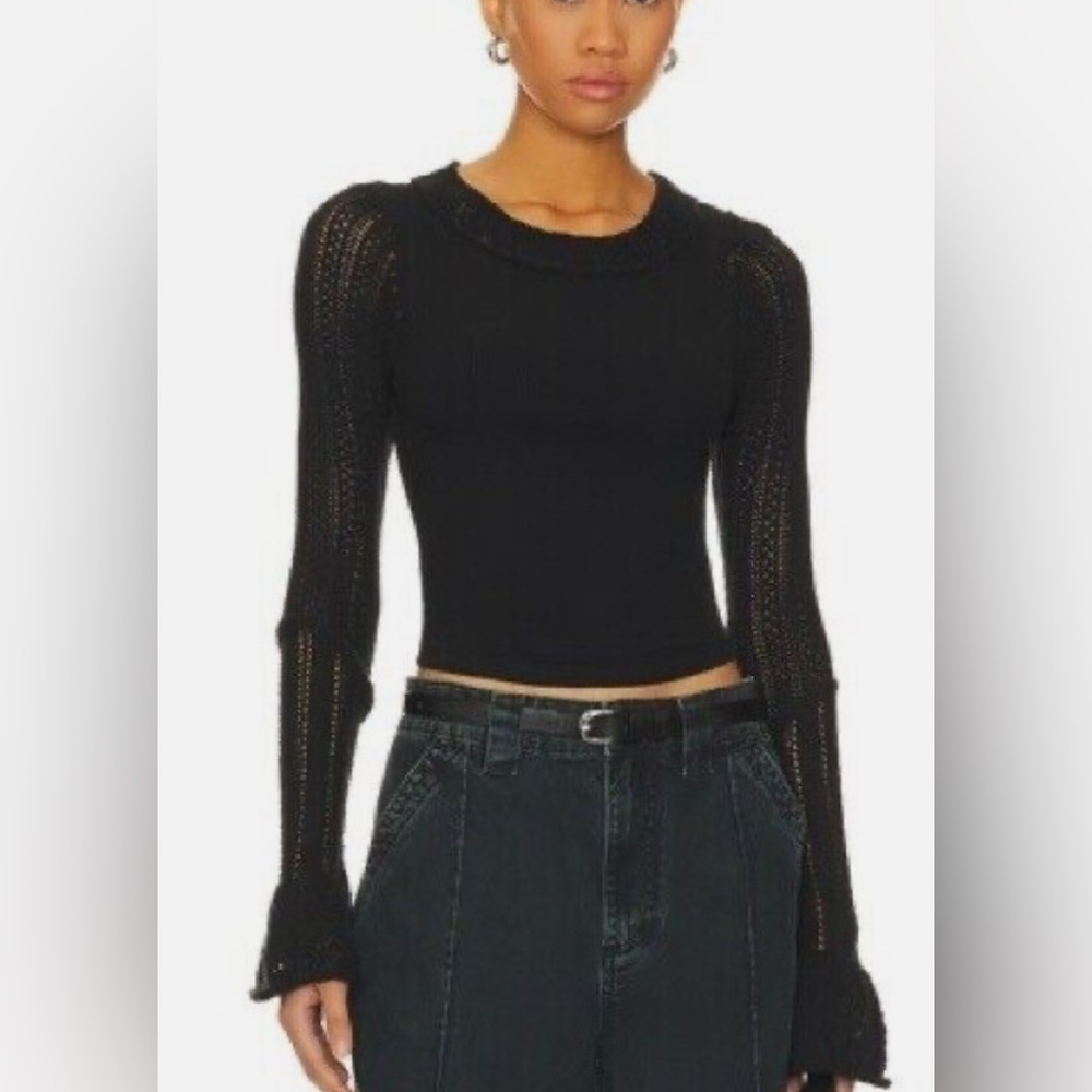 NWT Free People Black Crochet Long  Bell Sleeve Ribbed Cotton Shirt $78 Sz L #9